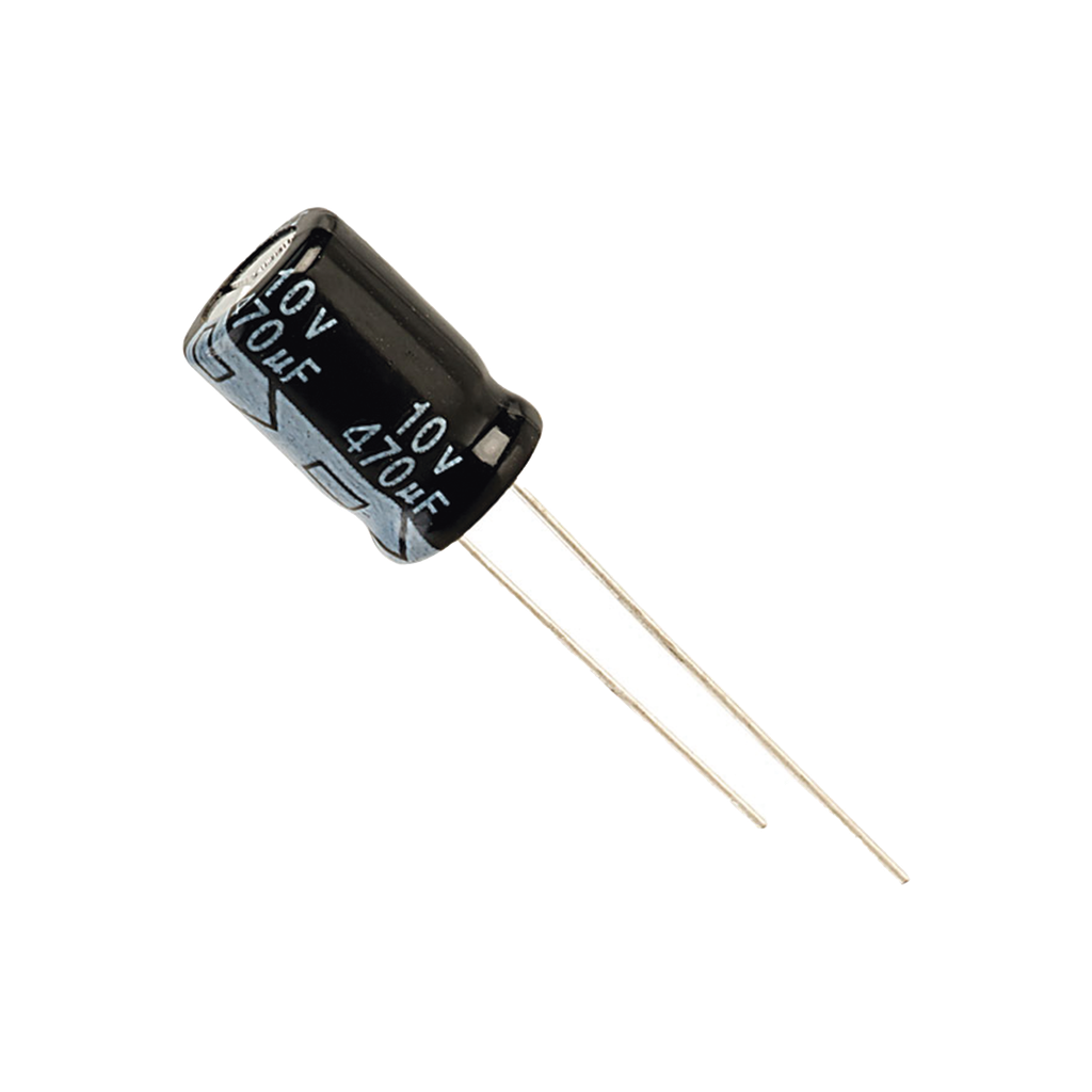 Capacitor Electrolítico de Aluminio, Radial de 470 µFd, 10 Vcc, 105 °C, 6.3 x 11 mm.