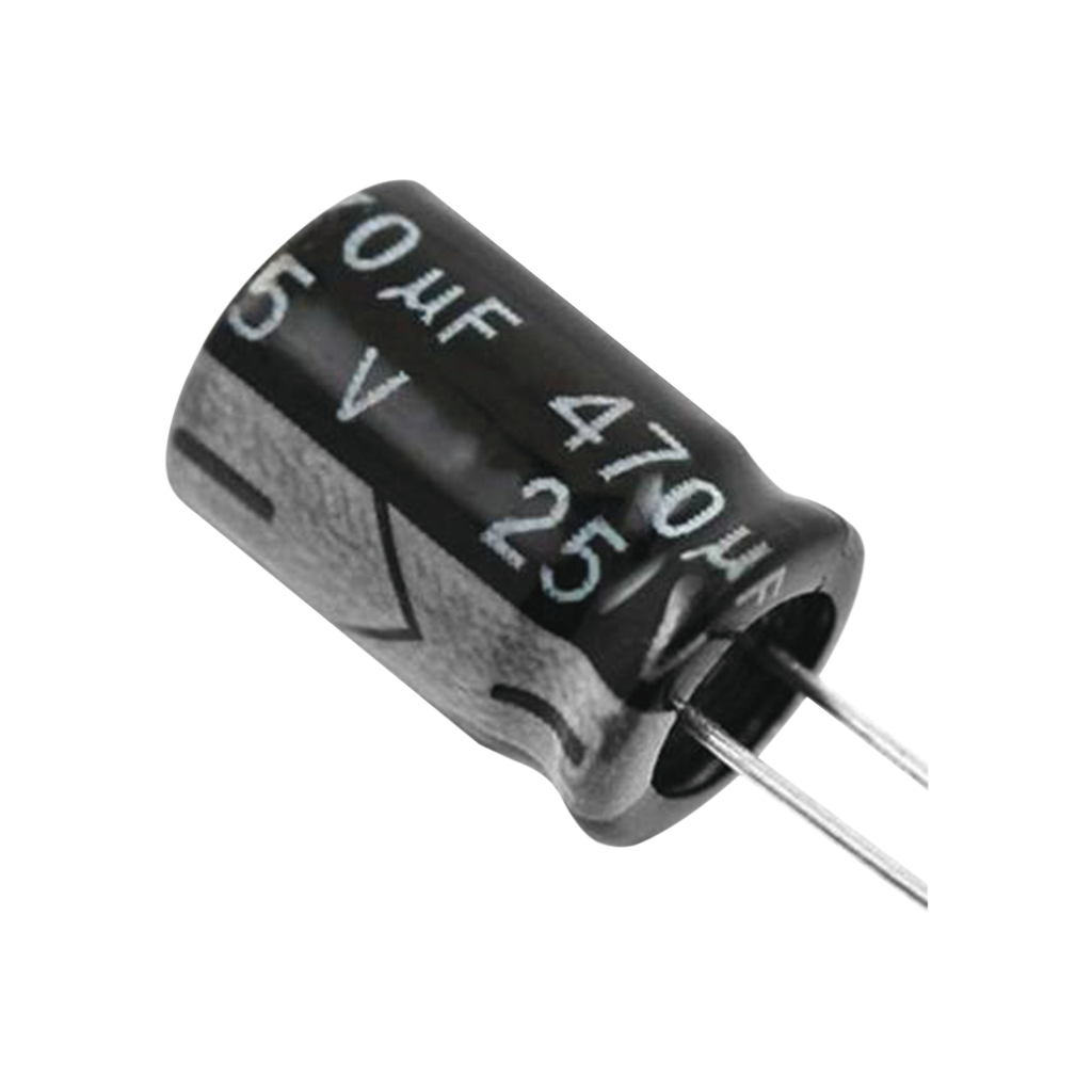 Capacitor Electrolítico de Aluminio, Radial de 470 µFd, 25 Vcc, 105 °C, 8  x 15 mm.