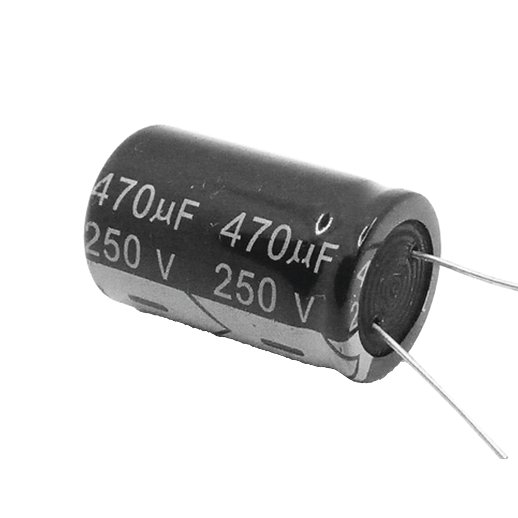 Capacitor Electrolítico de Aluminio, Radial de 470 µFd, 250 Vcc, 105 °C, 25 x 40 mm.