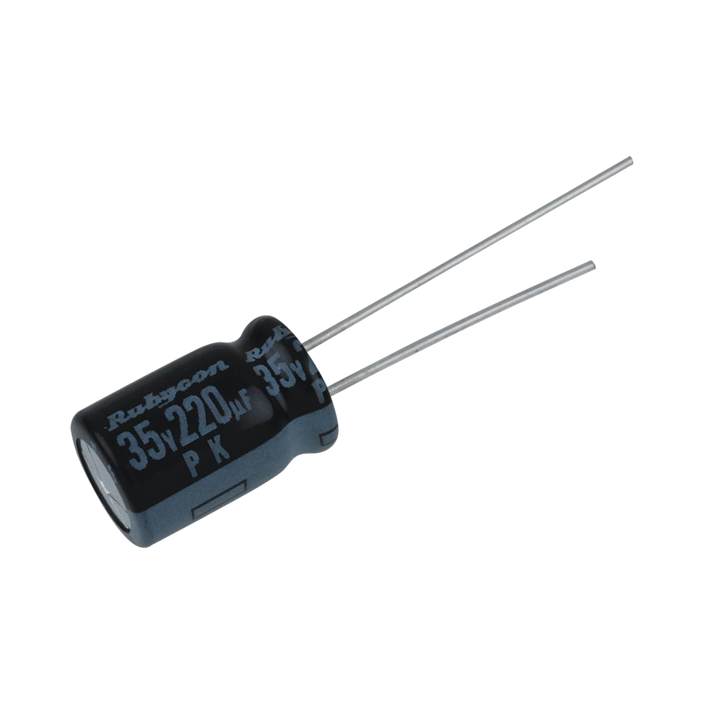 Capacitor Electrolítico Radial en Aluminio de 220 µFd, 35 Vcc, 105 °C, 10 x 12.5 mm.