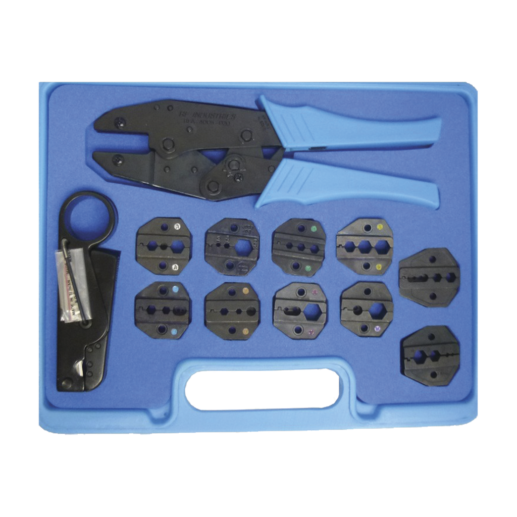 [RFA-4005-520] Kit en Estuche de Plástico con 10 Muelas para Instalar Conectores en Cables Coaxiales, Pinzas RFA-4005-20 y Desforradoras de Cable.