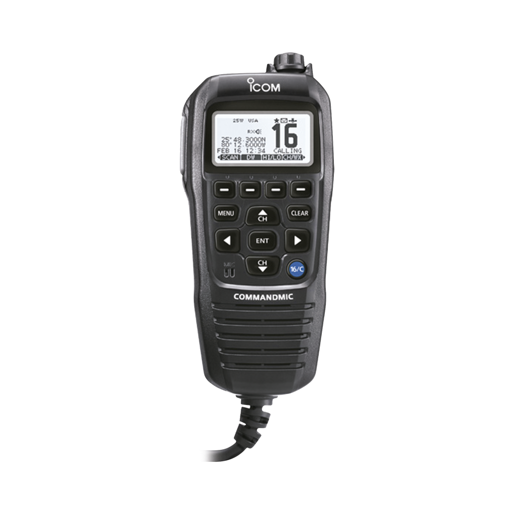 Micrófono comando color negro y pantalla en fondo blanco para serie IC-M510, IC-M424G e IC-M605