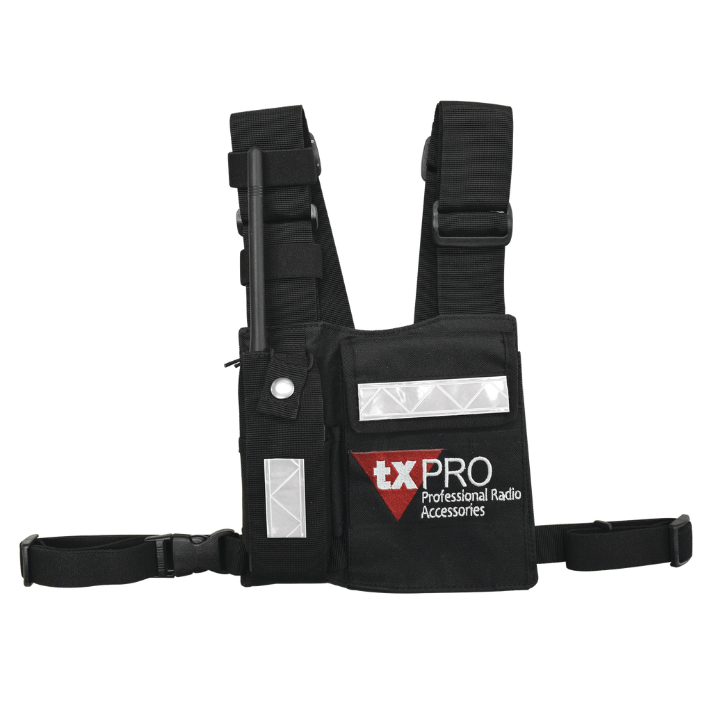 [CPP-TXP] Pechera Universal con soporte para radio, sostén de bolígrafo y seguridad para la bolsa con cinta adherente. Logo TX-PRO.