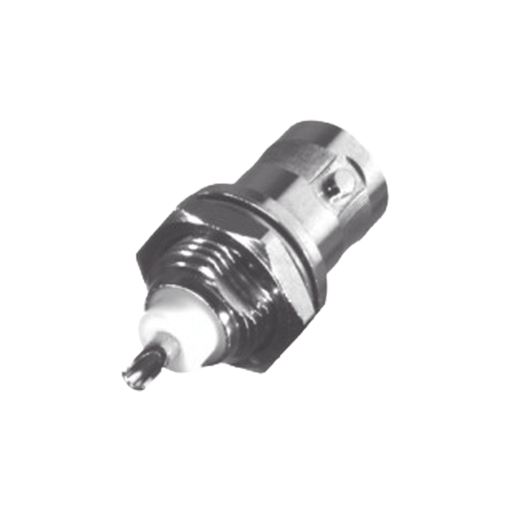 Conector BNC Hembra para Chasis, Montaje Frontal, Soldable, D-Plano, Troquelado, Niquel/ Oro/ Delrin.
