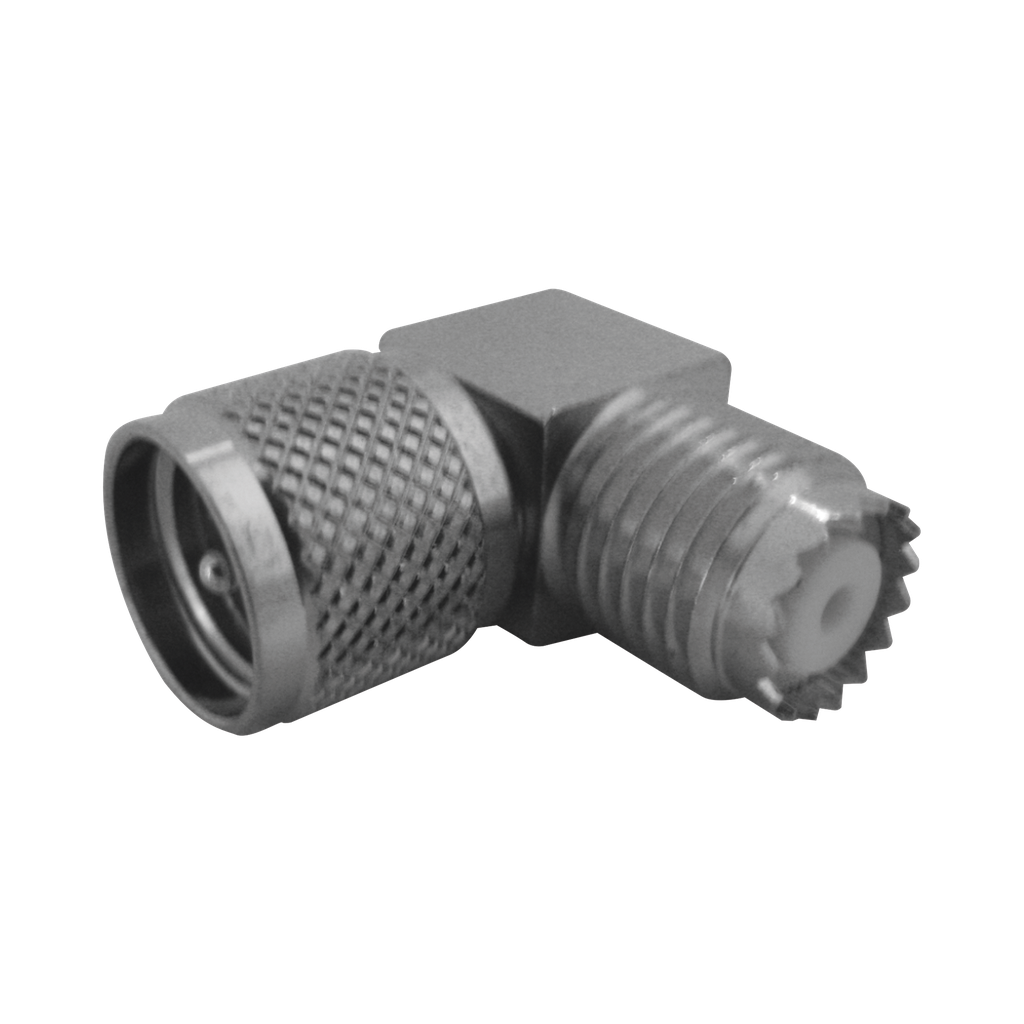 [RFU-630-8] Adaptador en Ángulo Recto, de Conector Mini UHF Macho a Mini UHF Hembra, Cuerpo Cuadrado, Níquel/ Estaño/ Teflón.