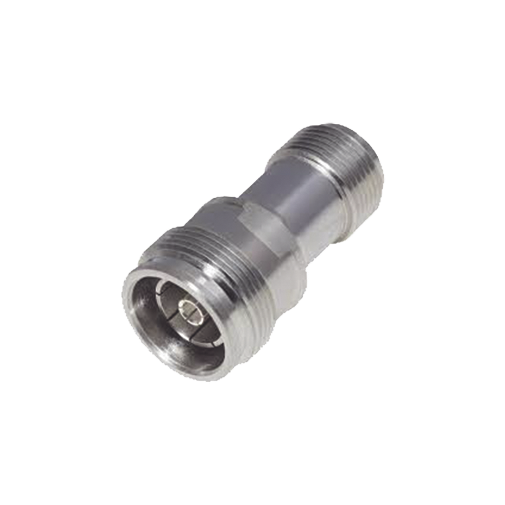 [RFD-43F-NF] Adaptador en Línea de Conector 4.3-10 Hembra a N Hembra, Bronce Blanco/ Plata/ Teflón.