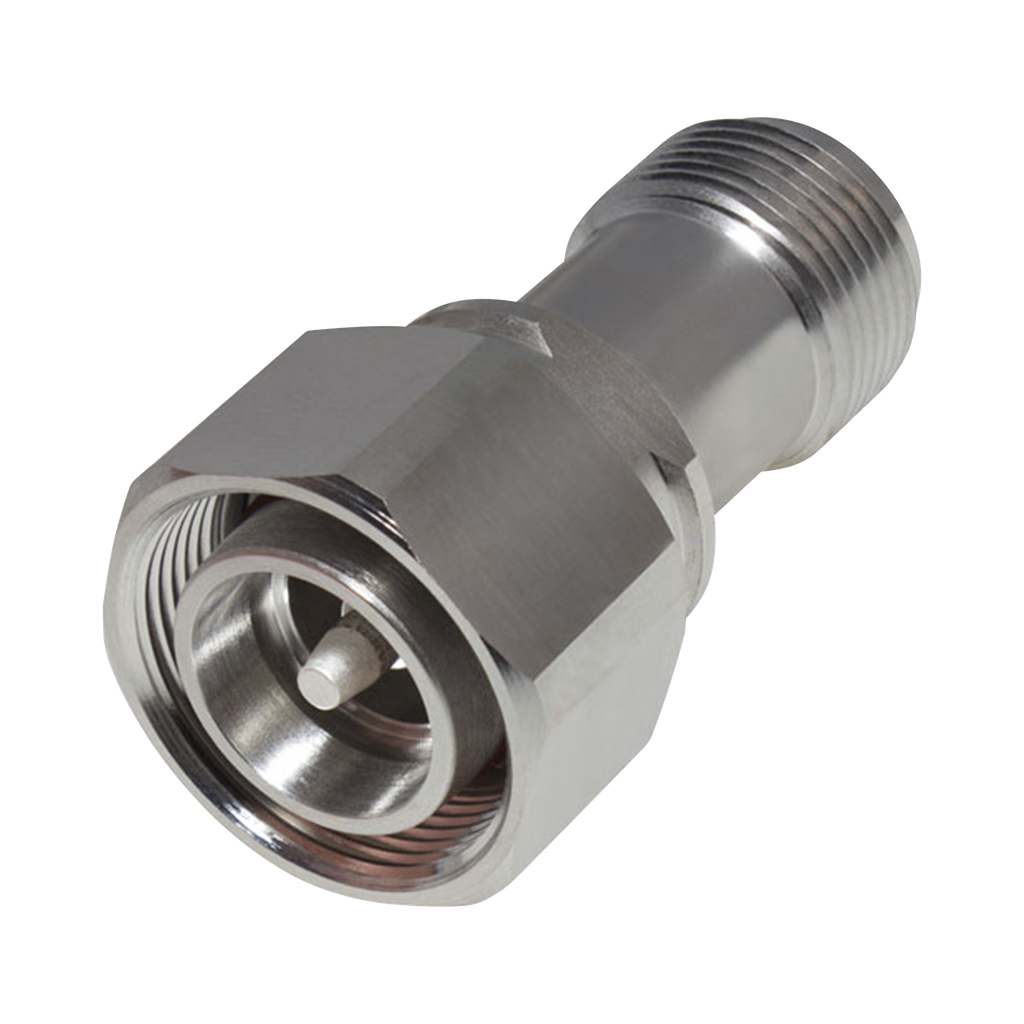 [RFD-43M-NF] Adaptador en Línea de Conector 4.3-10 Macho a N Hembra, Bronce Blanco/ Plata/ Teflón.