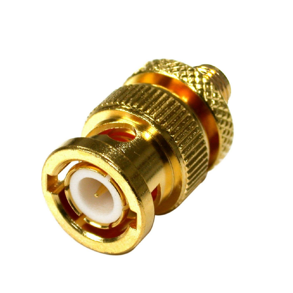 [RSA-3476-1] Adaptador en Linea de Conector SMA Hembra a BNC Macho, Oro/ Oro/ Teflón.