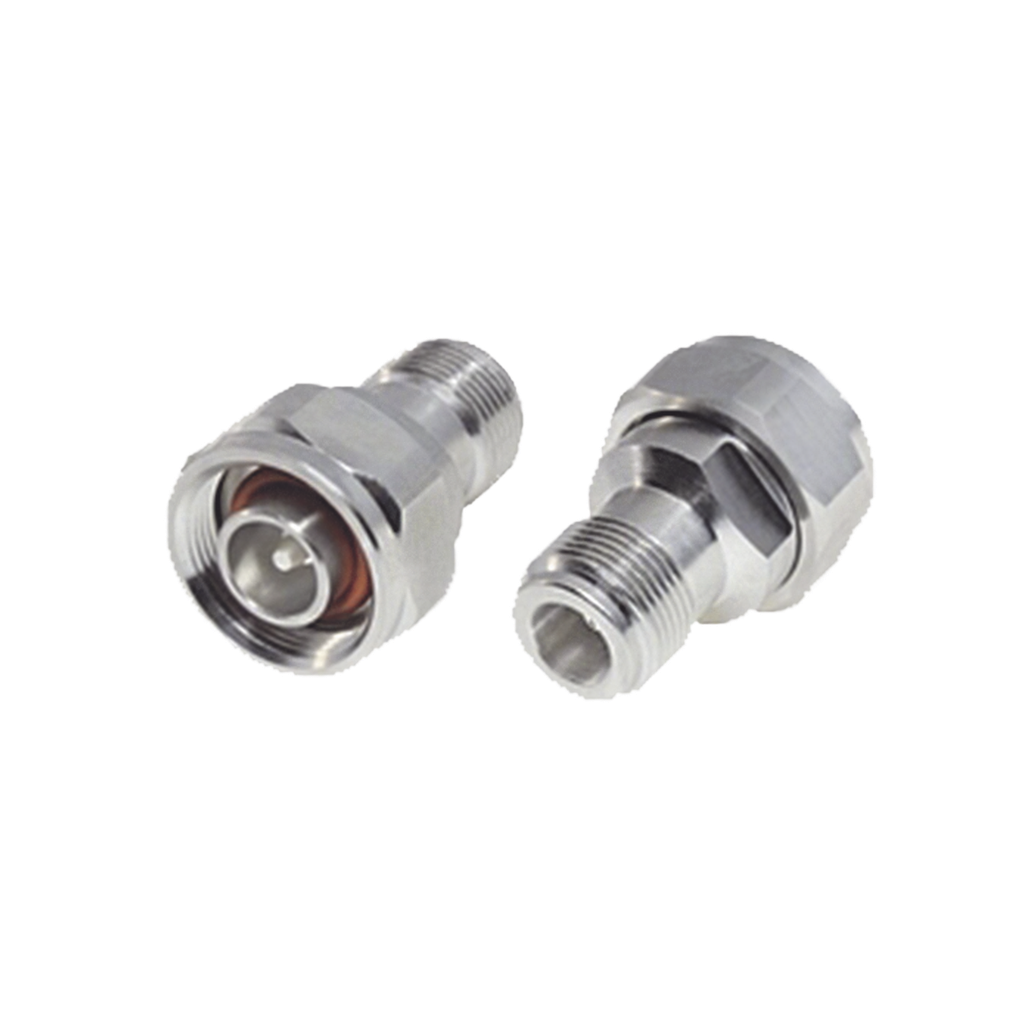 [RFN-1046-4] Adaptador en Línea, de N Hembra a (Mini) DIN 4.1-9.5 Macho, PIM -155 dBc, Bronce Blanco/ Plata/ Teflón.