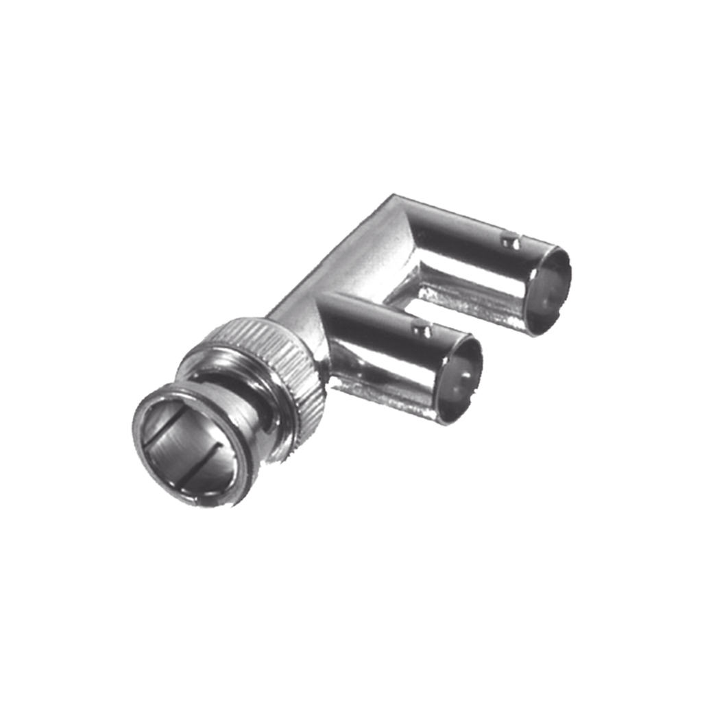 [RFB-1730-3] Adaptador Triple en F para 75 Ohm, de Conector BNC Macho a Doble BNC Hembra, Níquel/ Oro/ Delrin.