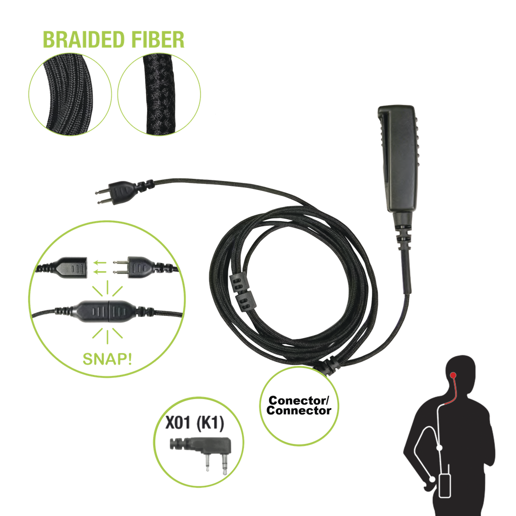 Cable para Micrófono audífono SNAP intercambiable con conector para Radios Kenwood con conector de 2 pines.