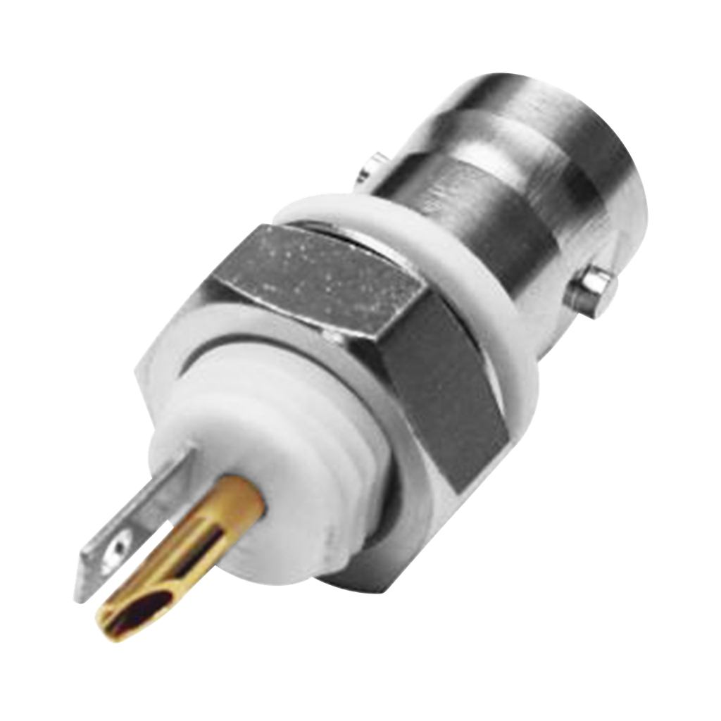 [RFB-1716-I-03] Conector BNC Hembra Aislado para Montaje en Panel Frontal en D-Plano, Soldable para Grupo I, Níquel/ Oro/ Teflón.