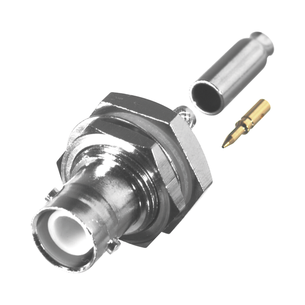 [RP-1117-BT] Conector BNC Hembra Inverso de Montaje Trasero en Panel, D-Plano, Hermético de Anillo Plegable para RG-174/U, Níquel/ Oro/ Teflón.
