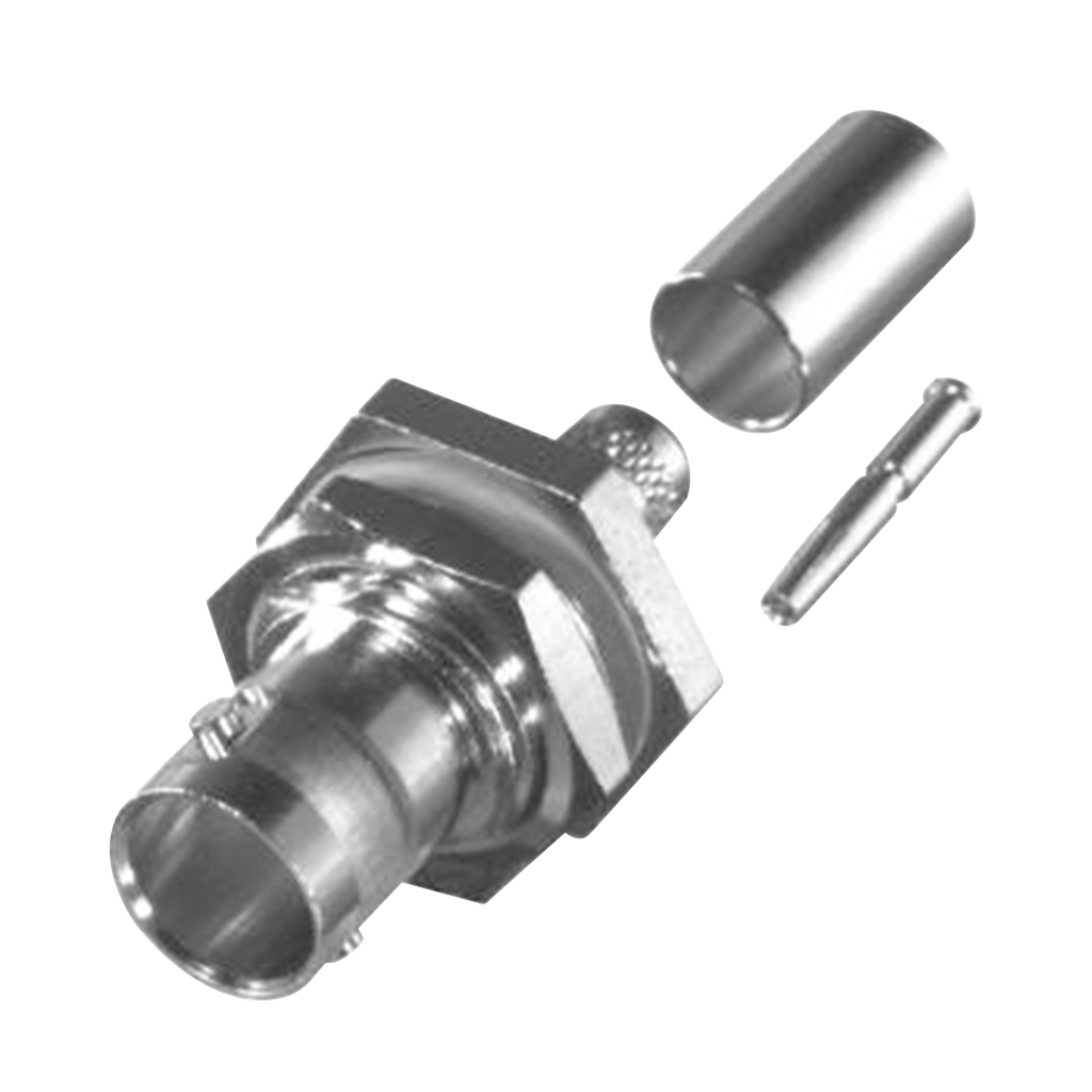 Conector BNC Hembra para Chasis en D-Plano con Aro de Goma, Anillo Plegable para RG-179/U, Grupo S, 75 Ohm, Níquel/ Oro/ Teflón.