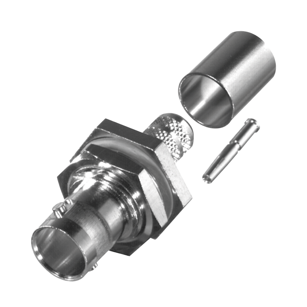 Conector BNC Hembra para Chasis en D-Plano con Aro de Goma, Anillo Plegable para RG-6/U y Grupo Q, 75 Ohm, Níquel/ Oro/ Teflón.