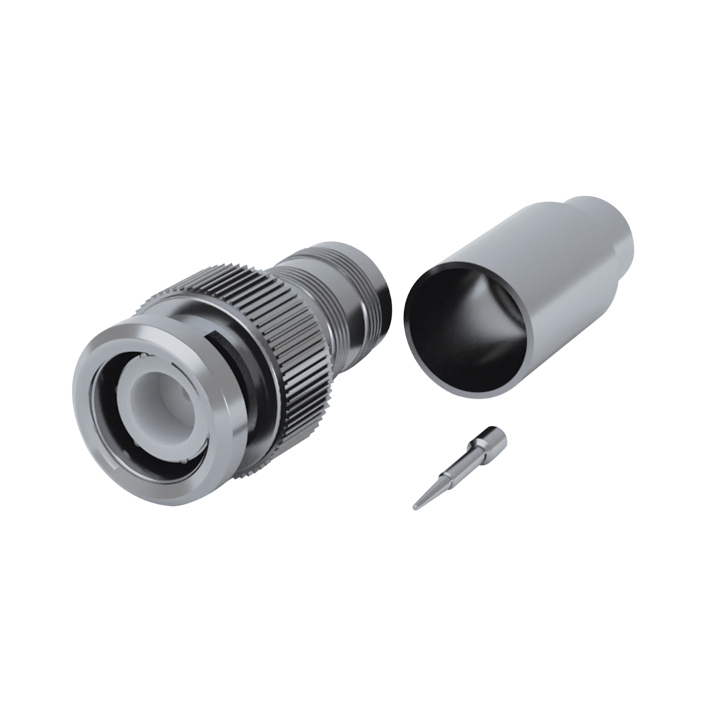 Conector BNC Macho de 75 Ohm, Anillo Plegable para RG-59/U, Níquel/ Oro/ Teflón.