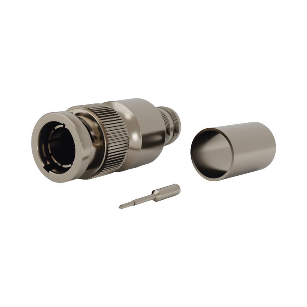 Conector BNC Macho en 75 Ohm, Anillo Plegable para Cable RG-11/U Grupo R1, Níquel/ Oro/ Teflón.
