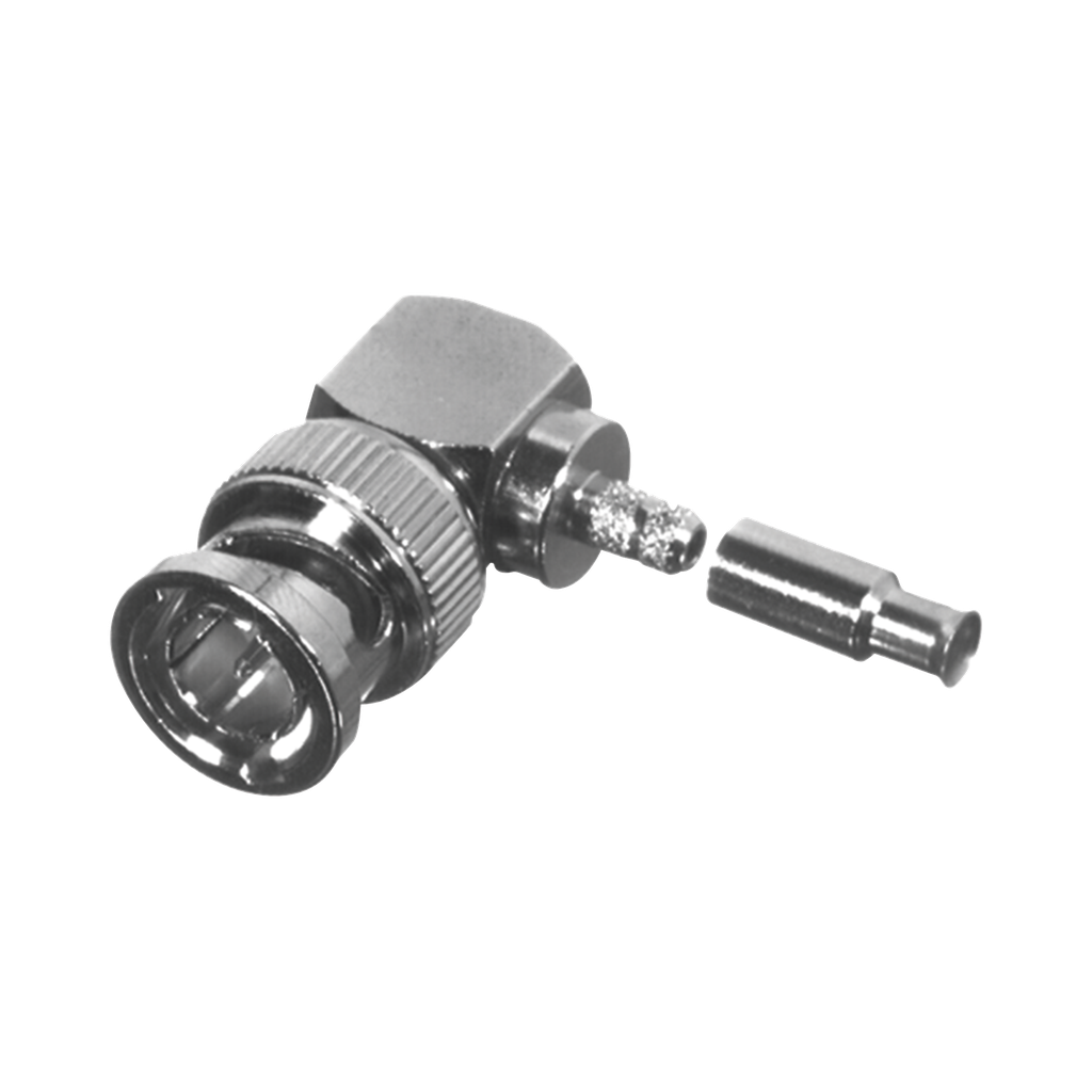 Conector BNC Macho en Ángulo Recto para 75 Ohm, Anillo Plegable para Cable RG-179/U, Grupo S1, Níquel/ Oro/ Teflón.