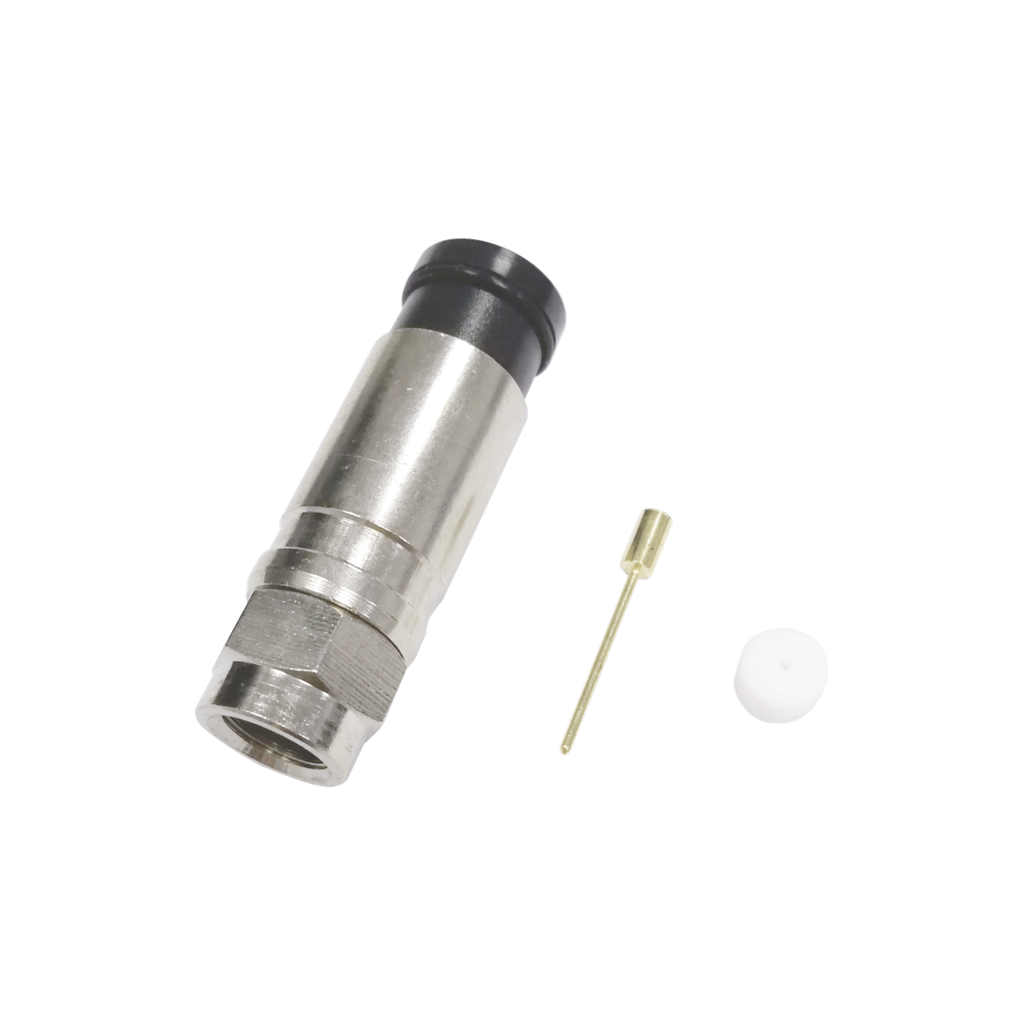[TT11-F02] Conector F Macho de Compresión Axial con Borne Negro para instalar en Cable Coaxial RG-11, 75 Ohm, Bronce-Niquelado.