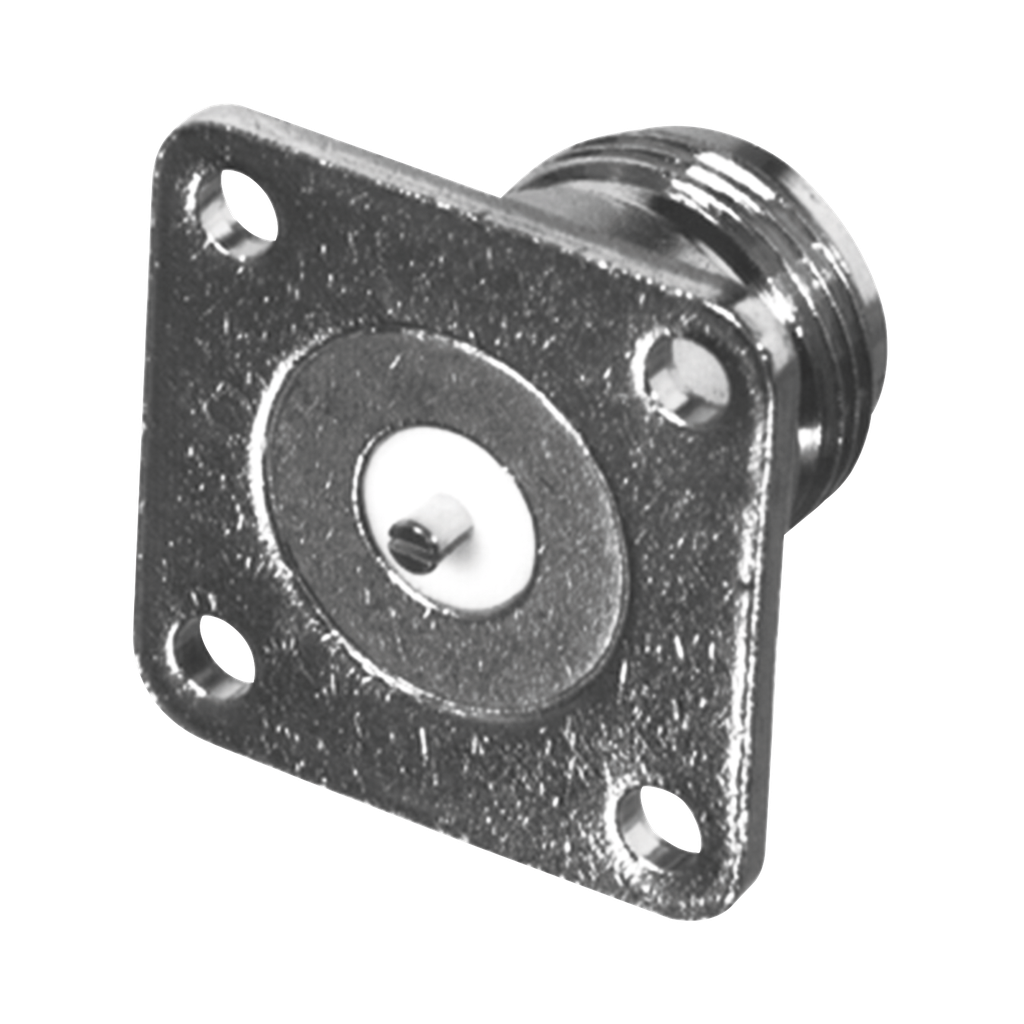 [RFN-1021-14-WB] Conector N Hembra de Montaje en Panel Frontal de 4 Perforaciones a 18 mm. con Contacto Ranurado, Bronce Blanco/ Oro/ Teflón.