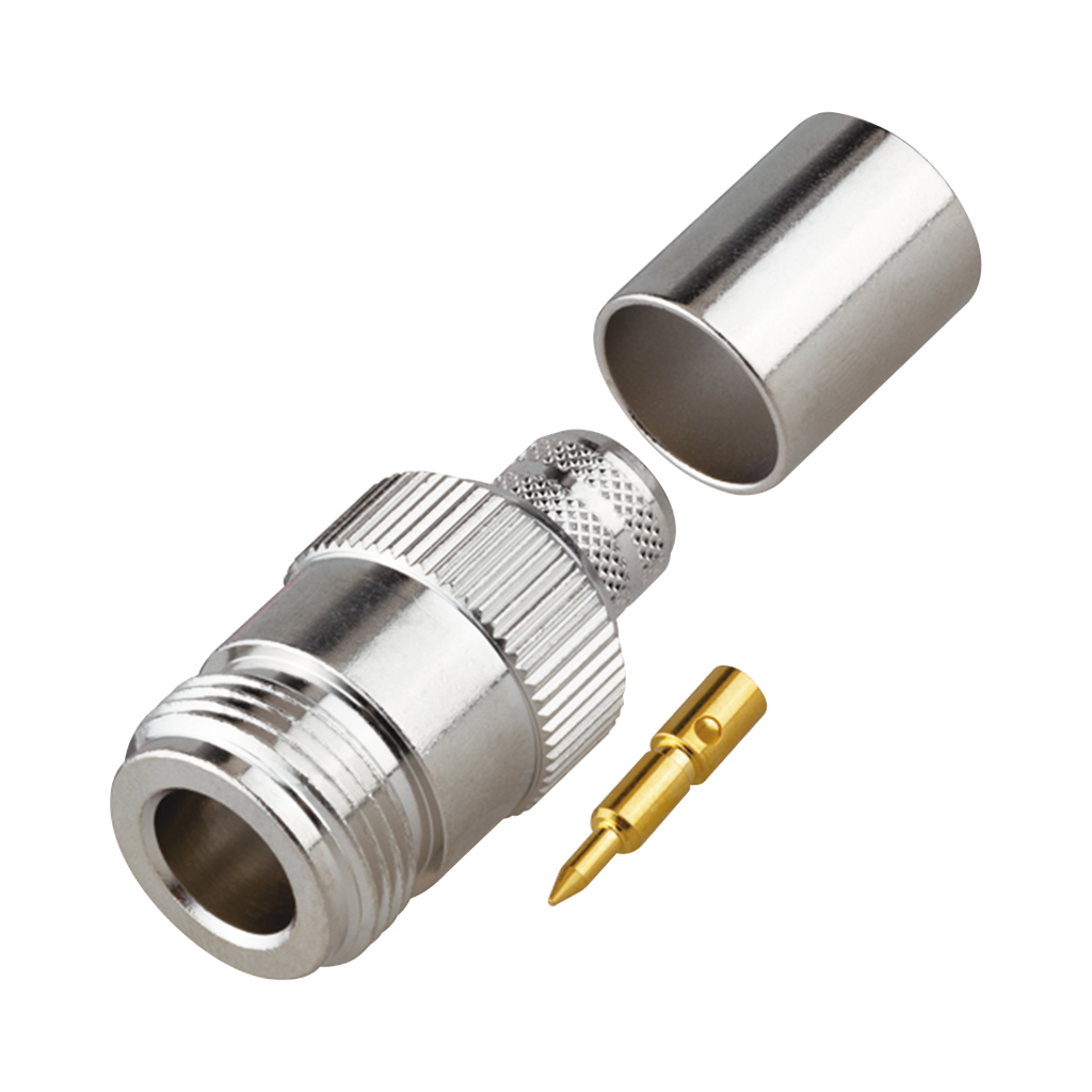 [RP-1028-I] Conector N Hembra Inverso de Anillo Plegable para Cables 9913, RG-8/U, LMR-400, Grupo I, Níquel/ Oro/ Teflón.