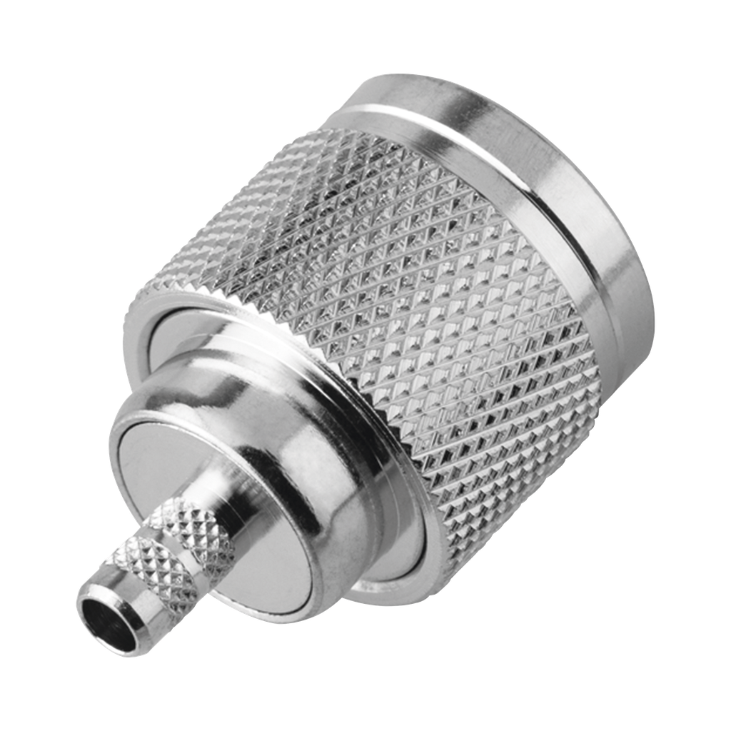 Conector N Macho de Rosca Izquierda, Anillo Plegable para Cable RG-58/U, Grupo C, Níquel/ Oro/ Teflón.