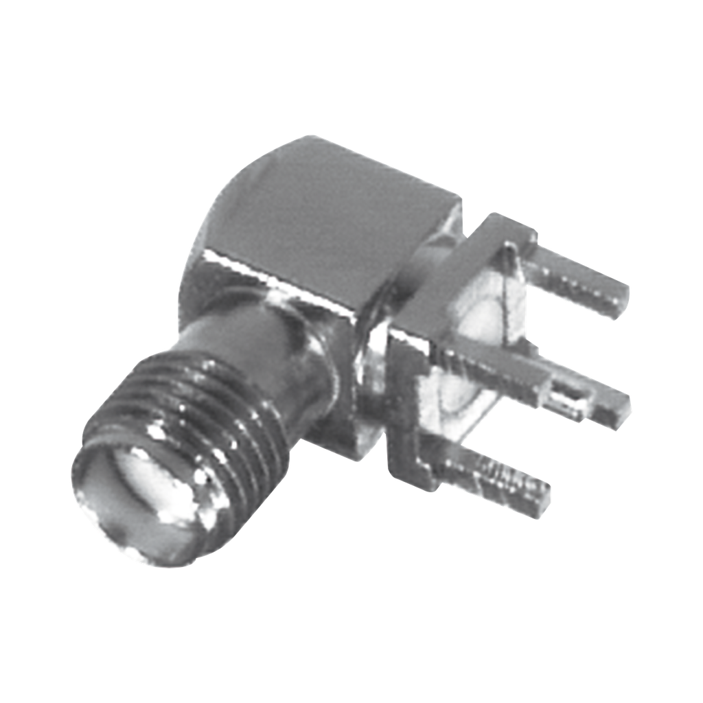 Conector SMA Hembra en Ángulo Recto con Terminal y 4 Patas para Montaje PCB, Níquel/ Oro/ Teflón.â??