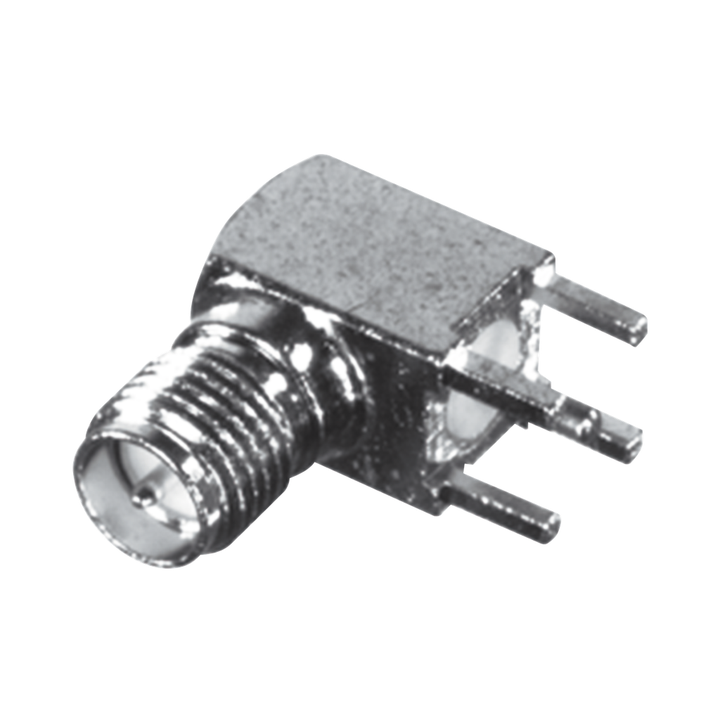 [RP-3300-1] Conector SMA Hembra Inverso en Ángulo Recto con PIN Terminal y 4 Patas para Montaje PCB Coaxial, Oro/ Oro/ Teflón.