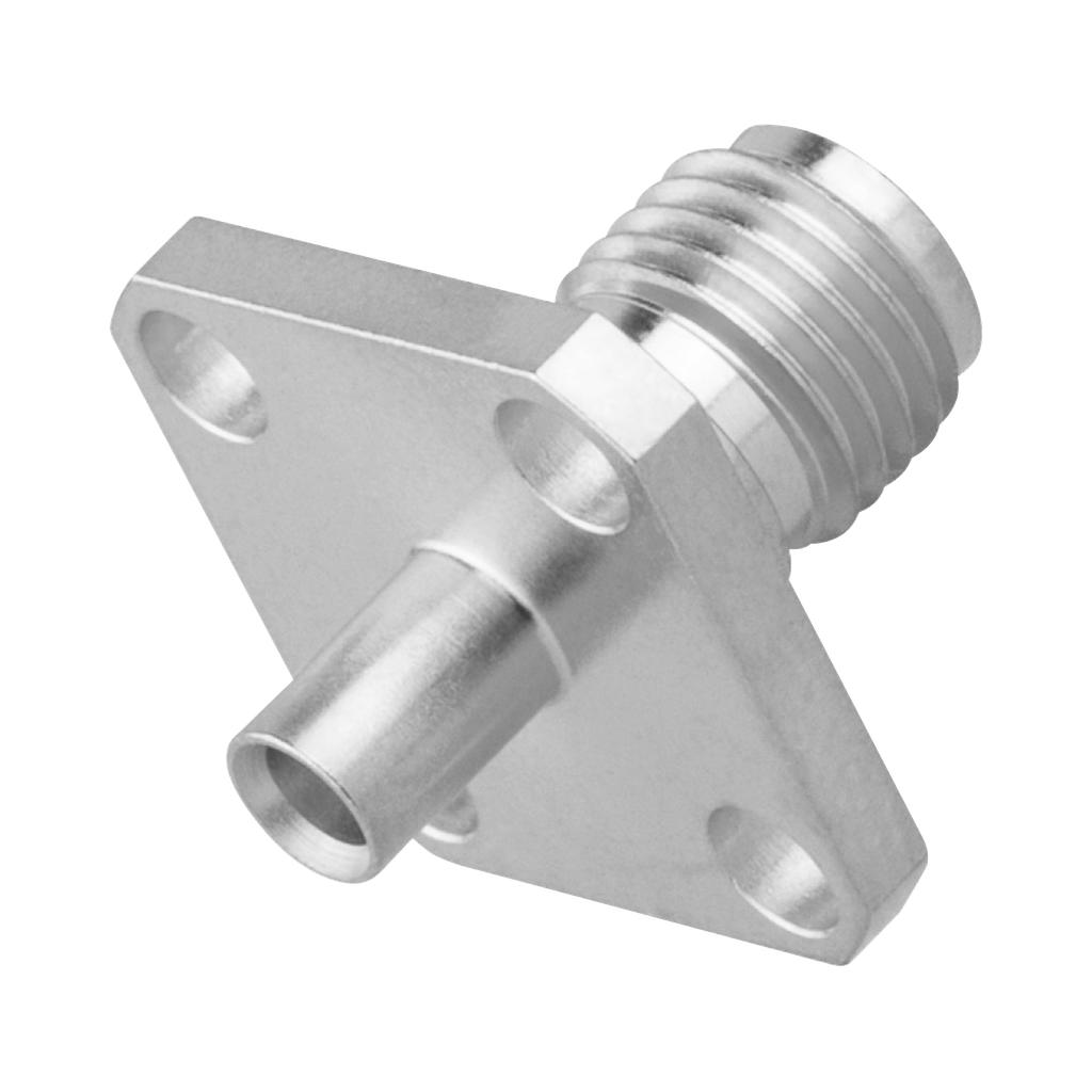 Conector SMA Hembra, 4 Hoyos en Panel de 13 mm, Soldable en Cable Semi-Rígido de 0.047 Diámetro, Grupo SR0, Oro/ Oro/ Teflón.