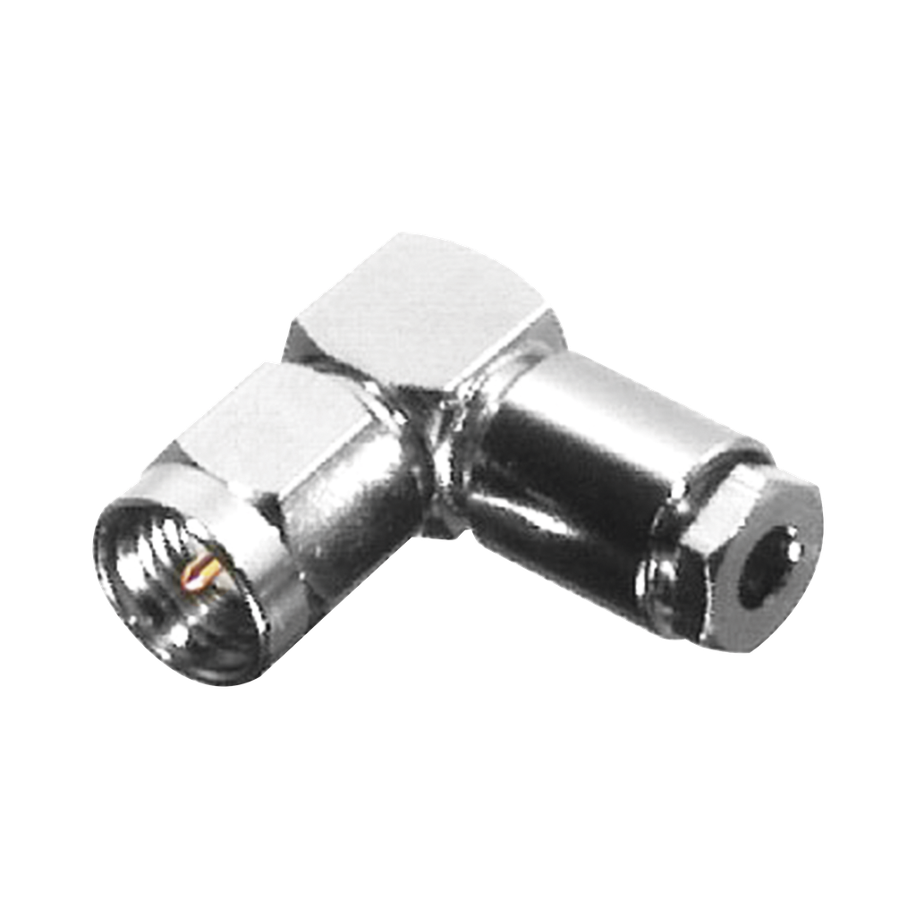 Conector SMA Macho en Ángulo Recto, de Rosca para RG-174/U, Grupo B, Níquel/ Oro/ Teflón.â??