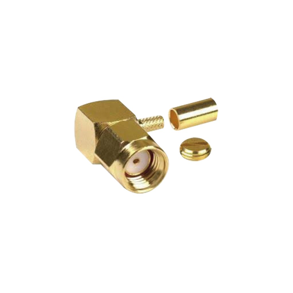 Conector SMA Macho Inverso en Ángulo Recto, Anillo Plegable/ RG-174/U, BELDEN 8216, Oro/ Oro/ Teflón.