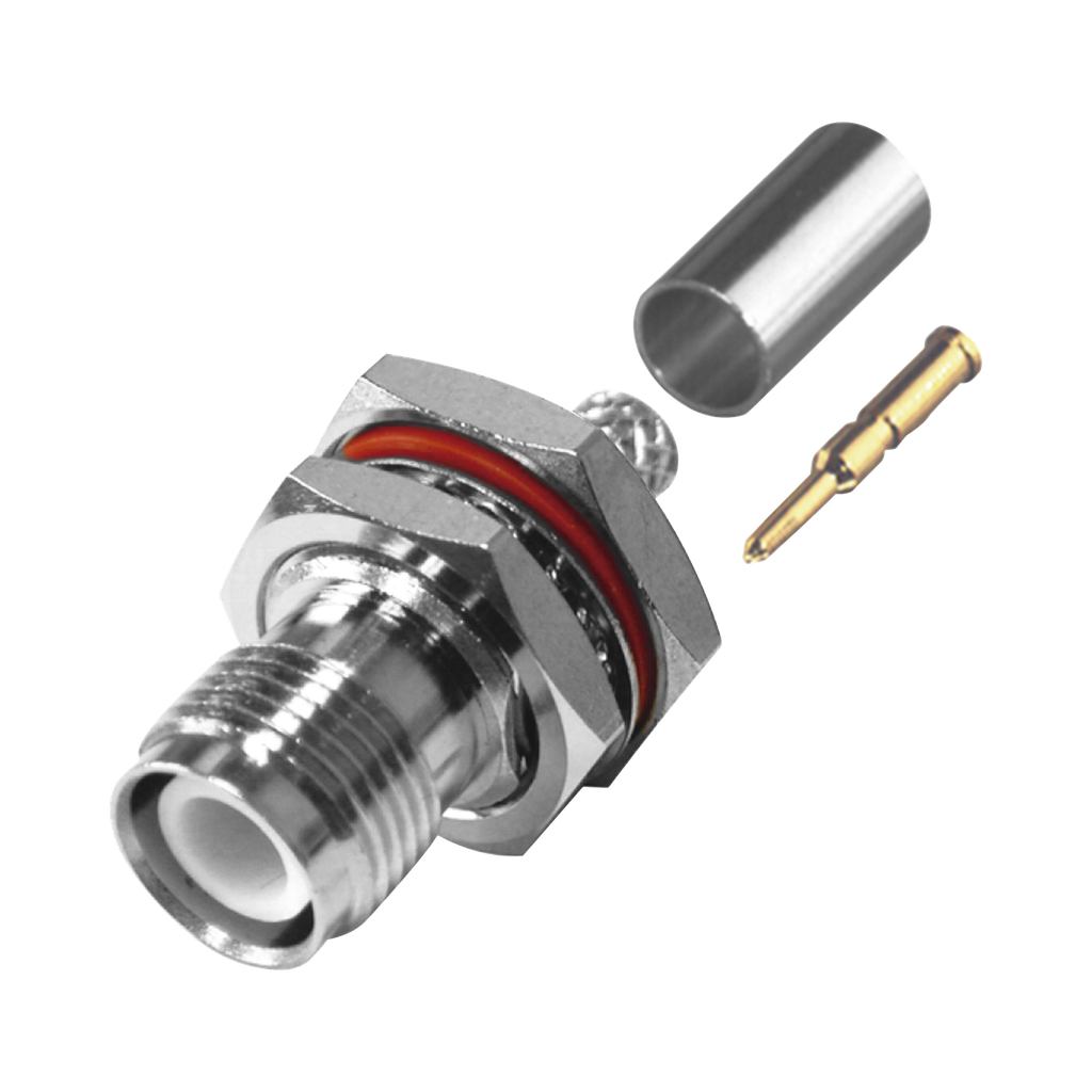 [RP-1212-C-03] Conector TNC Hembra Inverso de Montaje Trasero en Panel, D-Plano, Chaflán en Rosca a 45 Grados, Hermético de Anillo Plegable para RG-58/U, Níquel/ Oro/ Teflón.