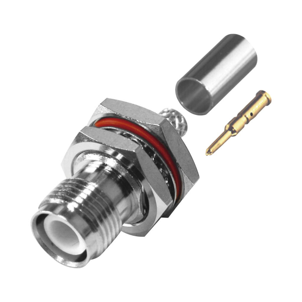 [RP-1212-C1] Conector TNC Hembra Inverso de Montaje Trasero en Panel, D-Plano, Hermético de Anillo Plegable para RG-142/U, Níquel/ Oro/ Teflón.