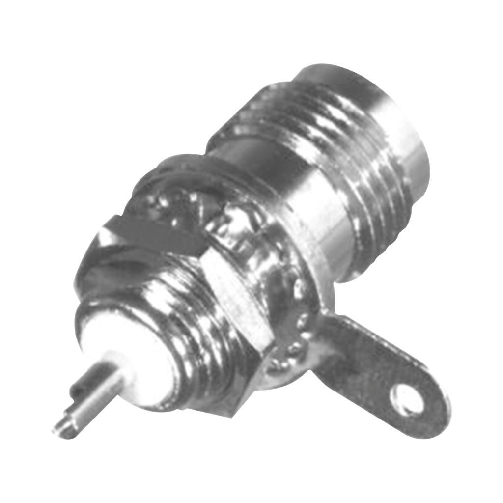 Conector TNC Hembra para Chasis, Montaje Frontal D-Plano, BeCu Soldable, Níquel/ Oro/ Teflón.