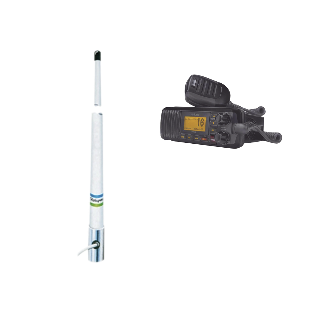 [UM-385BK/5101] Kit de radio móvil VHF marino modelo UM-385 color negro y antena marina Shakespeare en fibra de vidrio 5101