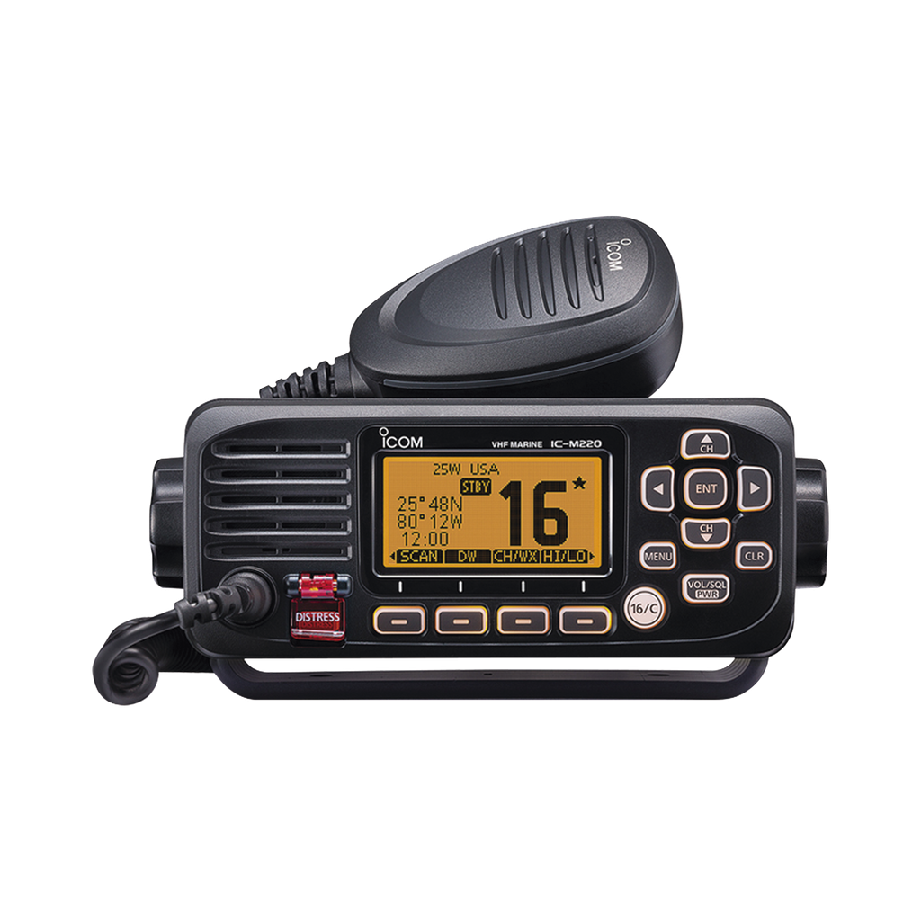 [IC-M220/13] Radio móvil marino ICOM, Tx: 156.025-157.425MHz, Rx: 156.050-163.275MHz, 25W de potencia, sumergible IPX7 incluye: micrófono, cable de alimentación y accesorios
