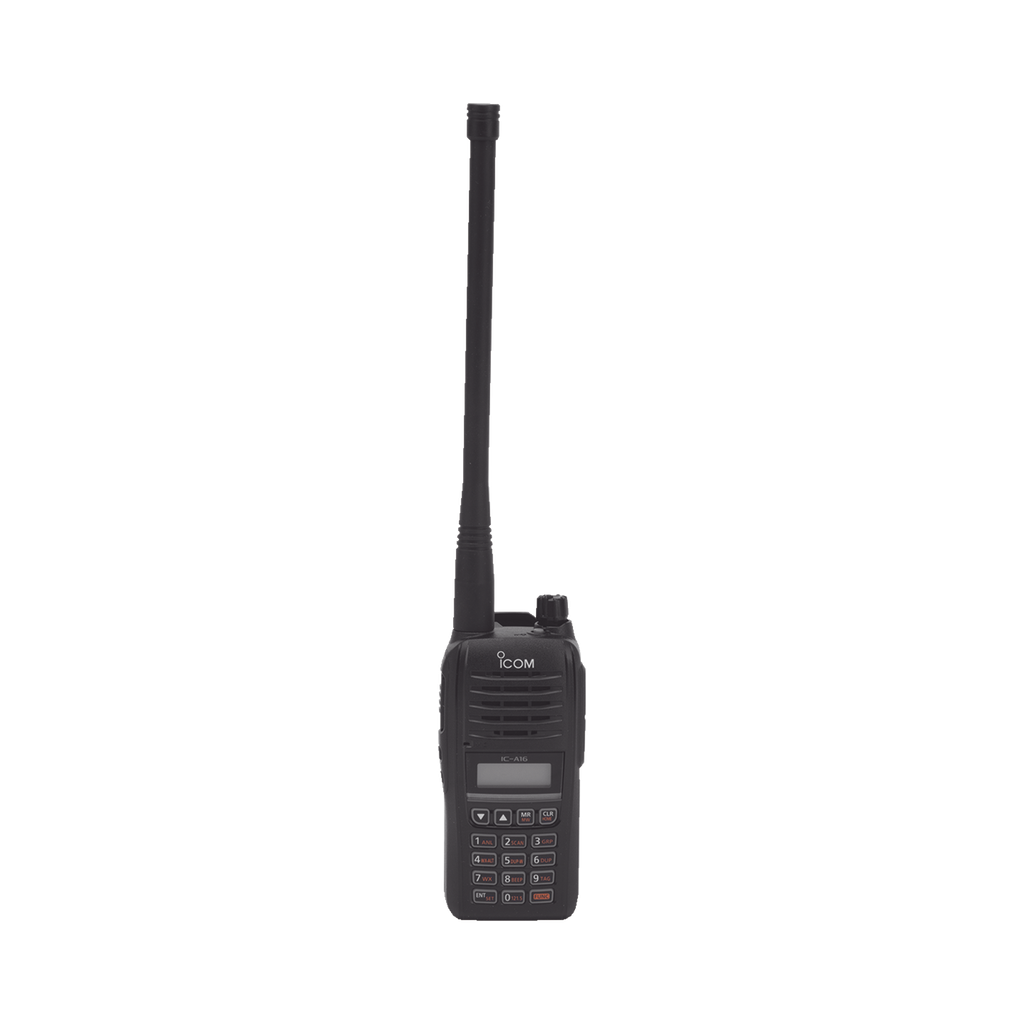 [ICA16] Radio Portátil Aéreo, rango de frecuencia 118-136.99166 MHz, 6W PEP, 200 canales alfanuméricos, pantalla de 8 caracteres, incluye bateria, cargador, antena y clip