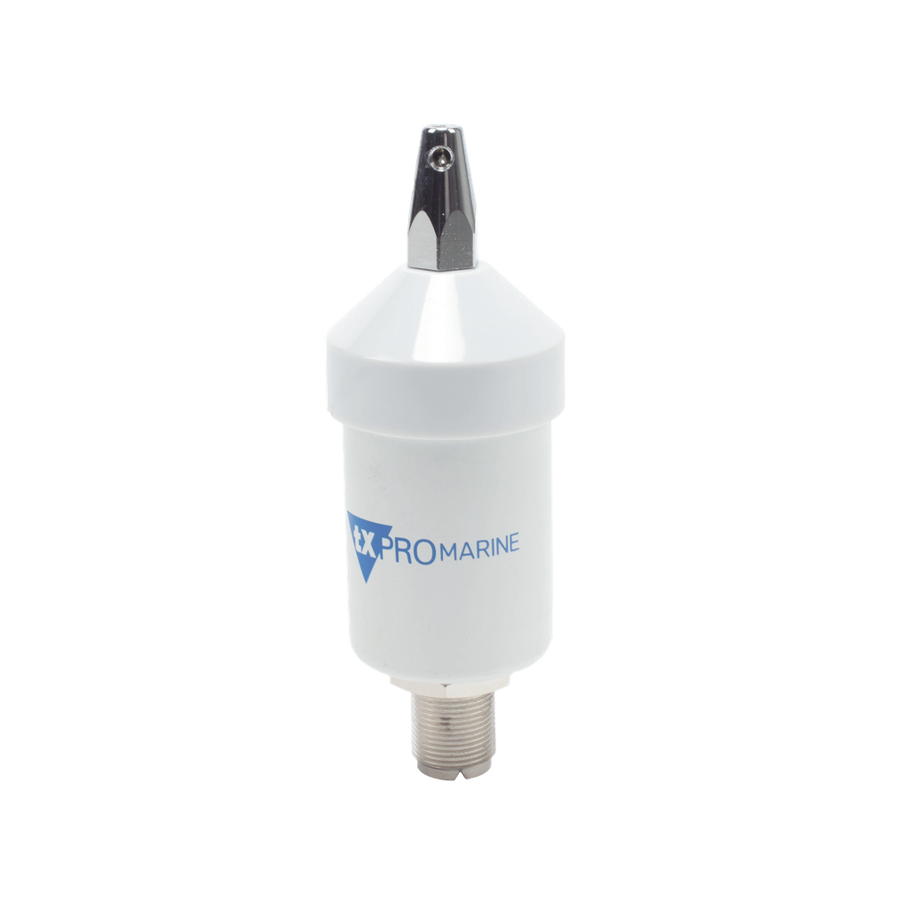 Antena marina VHF en látigo de acero inoxidable en rango de 156 a 163 MHz. Incluye cable de 4.5 m con conectores PL-259 instalados y montaje en L