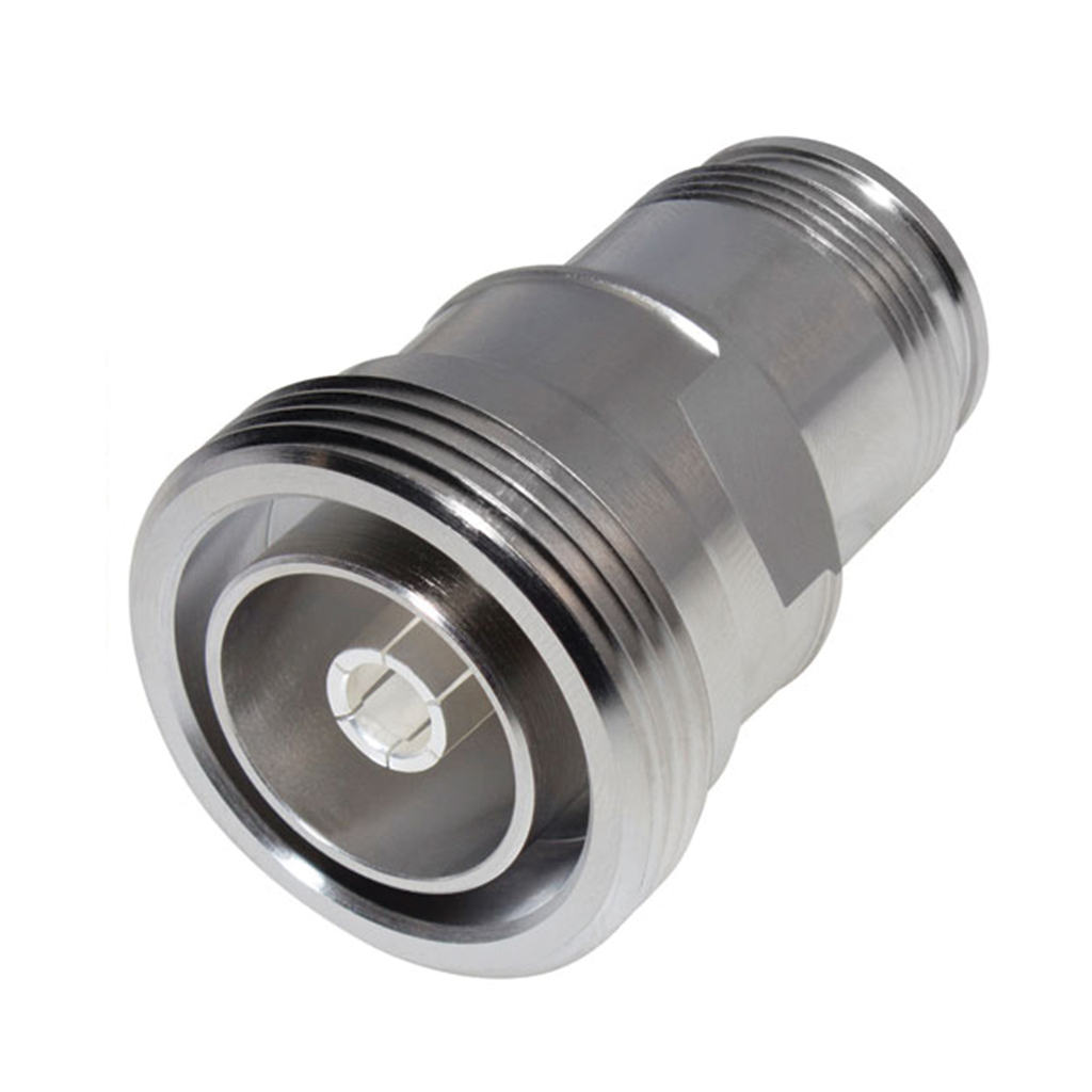 [RFD-1685-4] Adaptador en Línea de Conector DIN 7-16 Hembra a 4.3-10 Hembra, Bronce Blanco/ Plata/ Teflón.