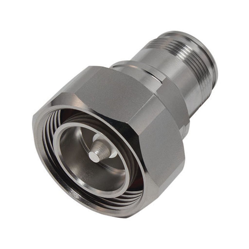 [RFD-1687-4] Adaptador en Línea de Conector DIN 7-16 Macho a 4.3-10 Hembra, Bronce Blanco/ Plata/ Teflón.