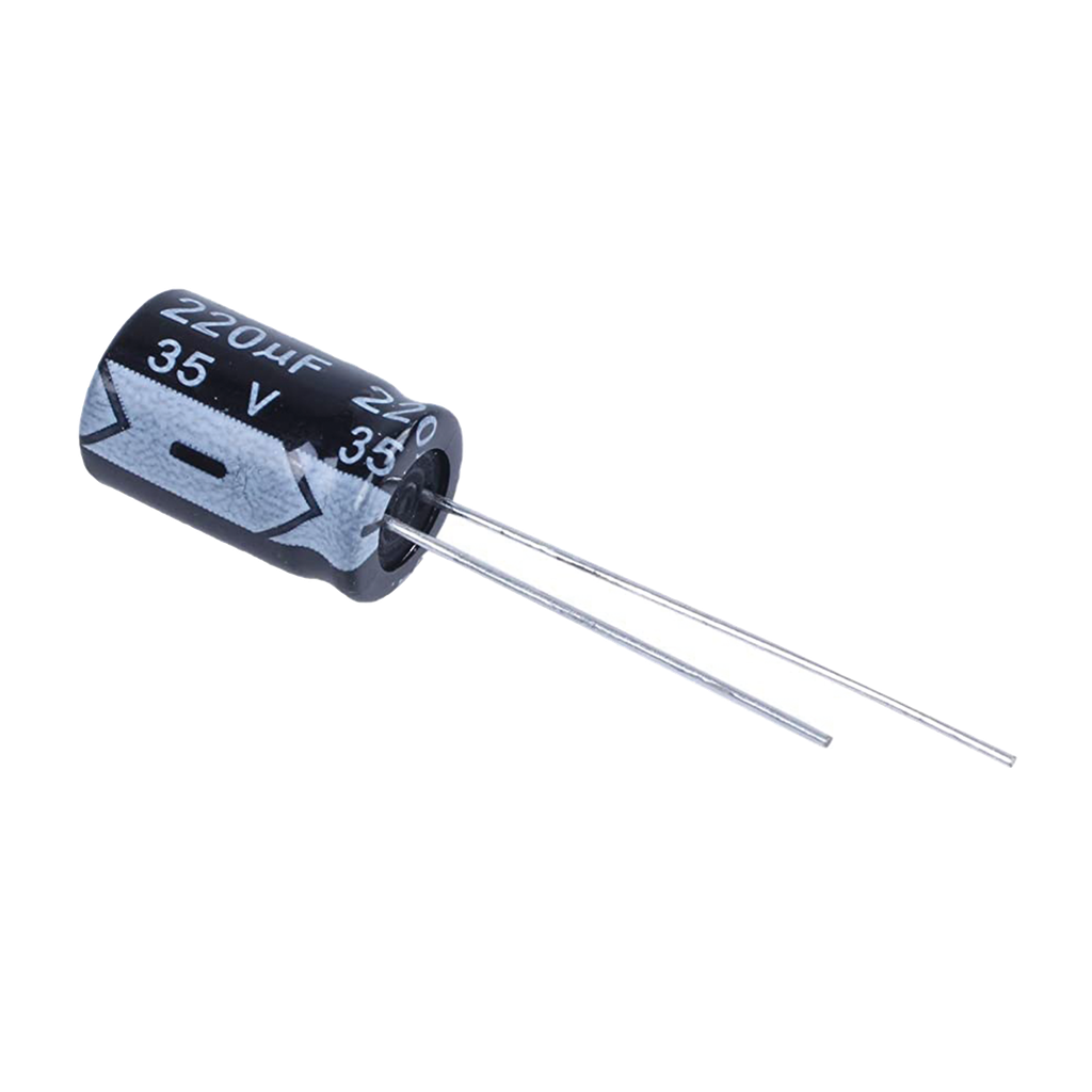[CE220/35V] Capacitor Electrolítico Radial en Aluminio de 220 µFd, 35 Vcc, 105 °C, 10 x 12.5 mm.