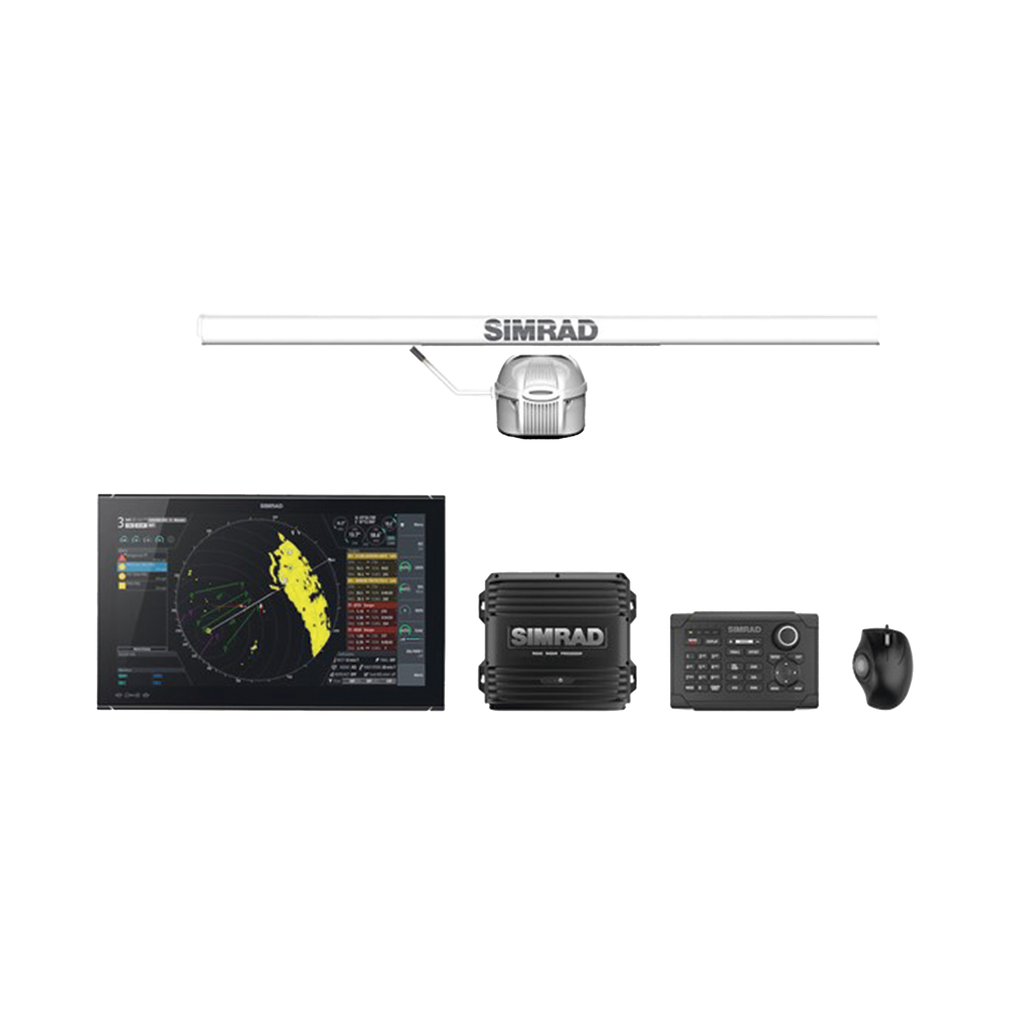 Sistema de radar banda X de 25 kW con antena de 9 pies, incluye pantalla de 27 pulgadas, procesador, teclado, mouse, y accesorios de instalación