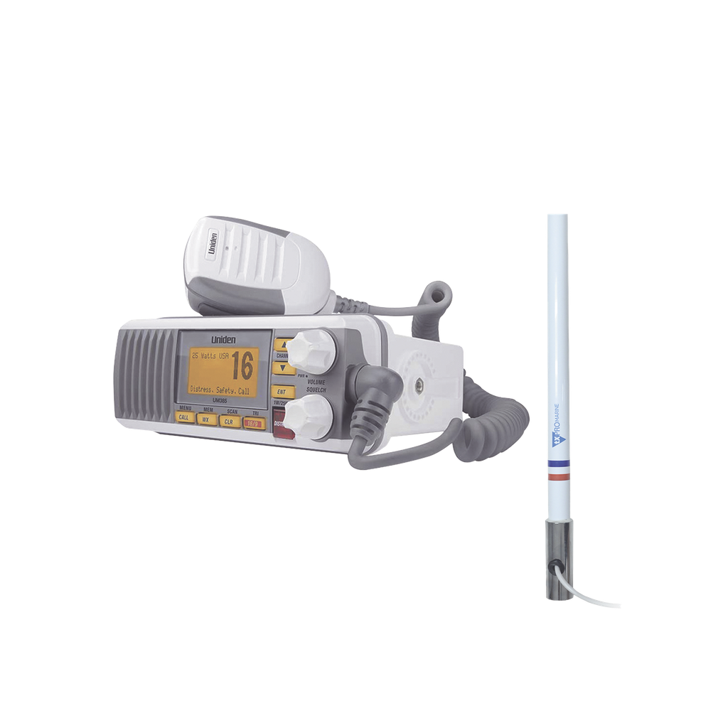 [UM385/KIT5101] Kit de radio UM385 | mas antena marina de fibra de vidrio TX-5101-SYS fabricada en fibra de vidrio con base roscable de acero inoxidable