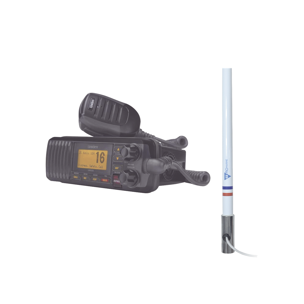 [UM-385BK/KIT5101] Kit de radio UM385BK | mas antena marina de fibra de vidrio TX-5101SYS/10M fabricada en fibra de vidrio con base roscable de acero inoxidable