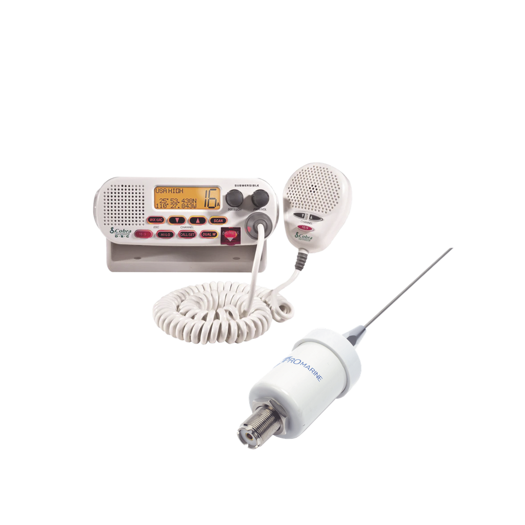 Kit de radio MRF45D | mas antena marina TX-1600-SYS. Incluye cable de 4.5 m con conectores PL-259 instalados y montaje en L