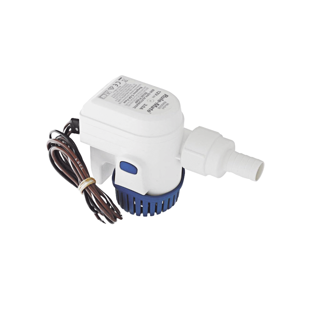 [RM800B] Bomba sumergible de achique automatizada de 800 galones por hora, para conexión de 12 Volts de corriente directa.