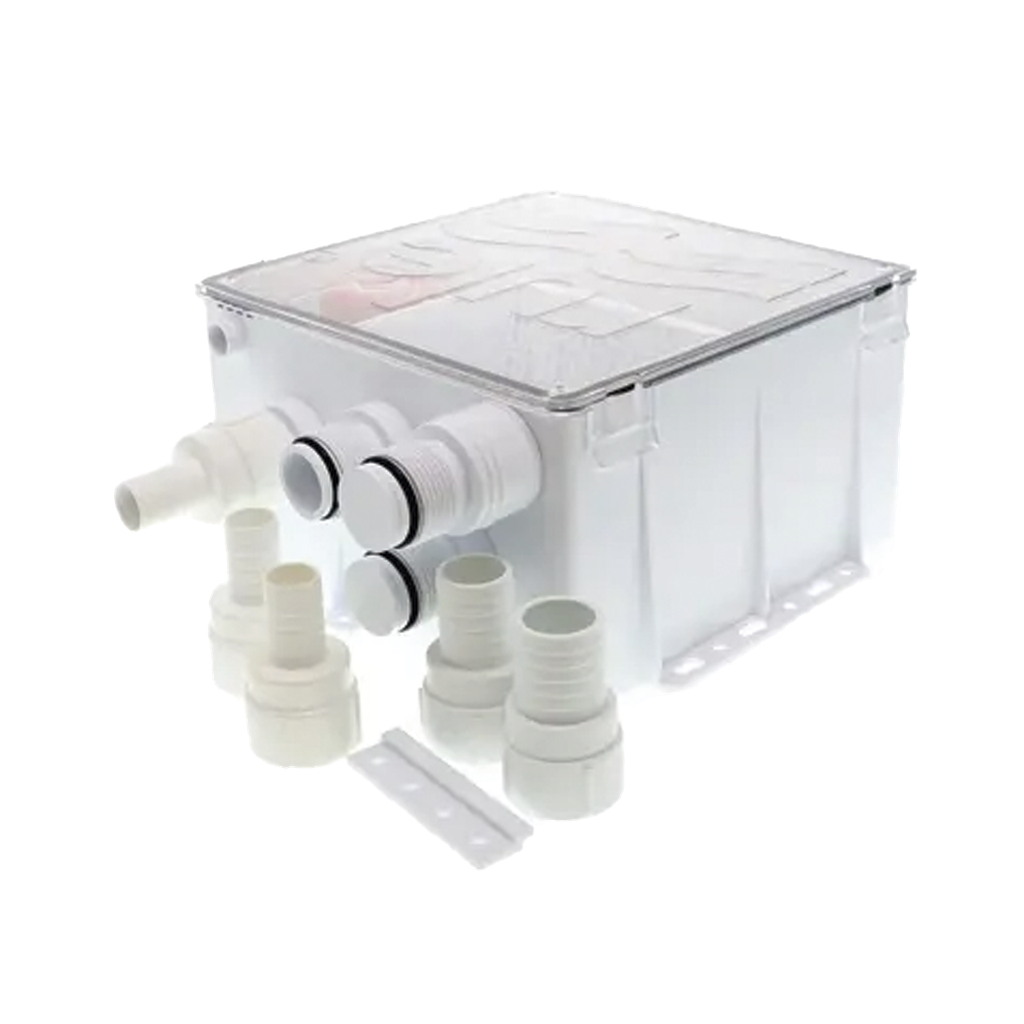 Sistema de desagüe para duchas con bomba de achique de 800 galones por hora a 24 Volts de corriente directa e interruptor de flotación