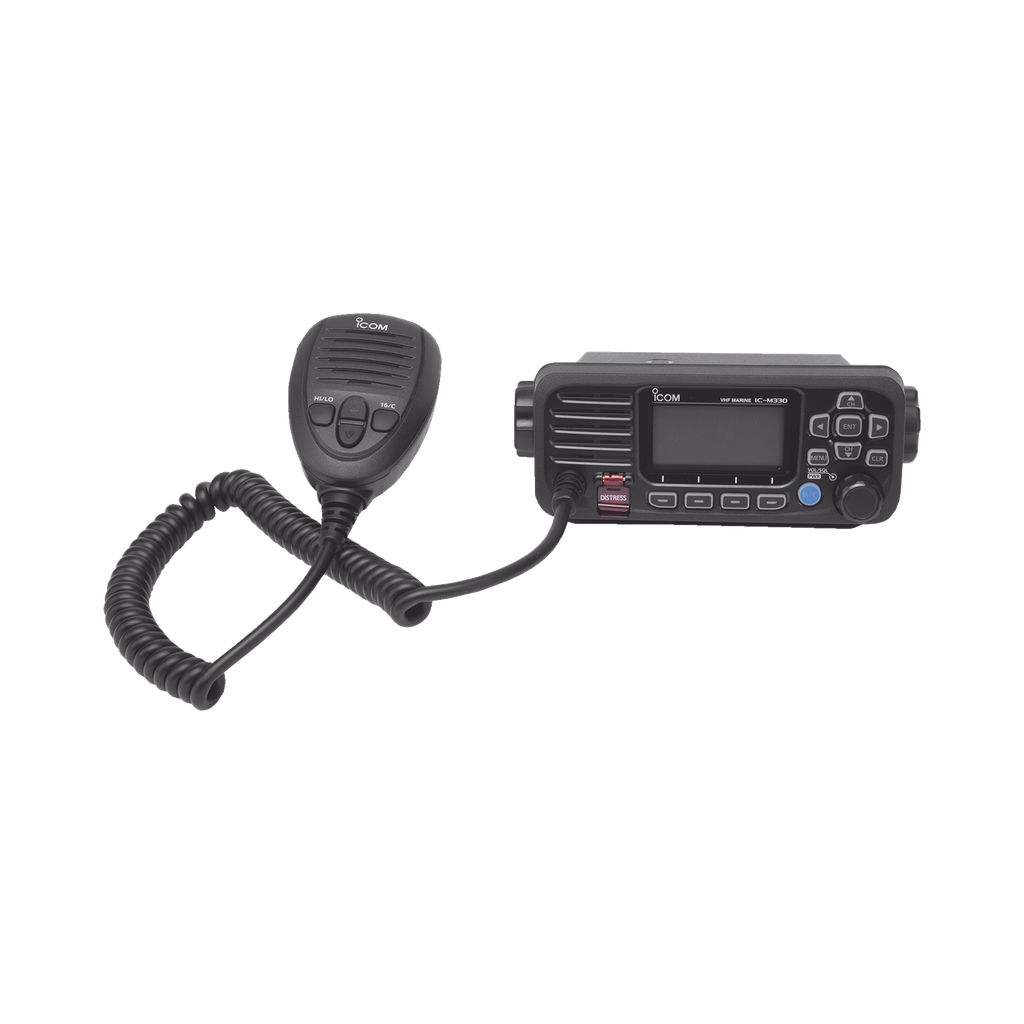 Radio Móvil Marino ICOM, color negro, clase D DSC. Tx: 156.025 - 157.425 MHz, Rx: 156.050 - 163.275 MHz, GPS interconstruido, 25W de potencia, sumergible IPX7 incluye micrófono y cable de alimentación