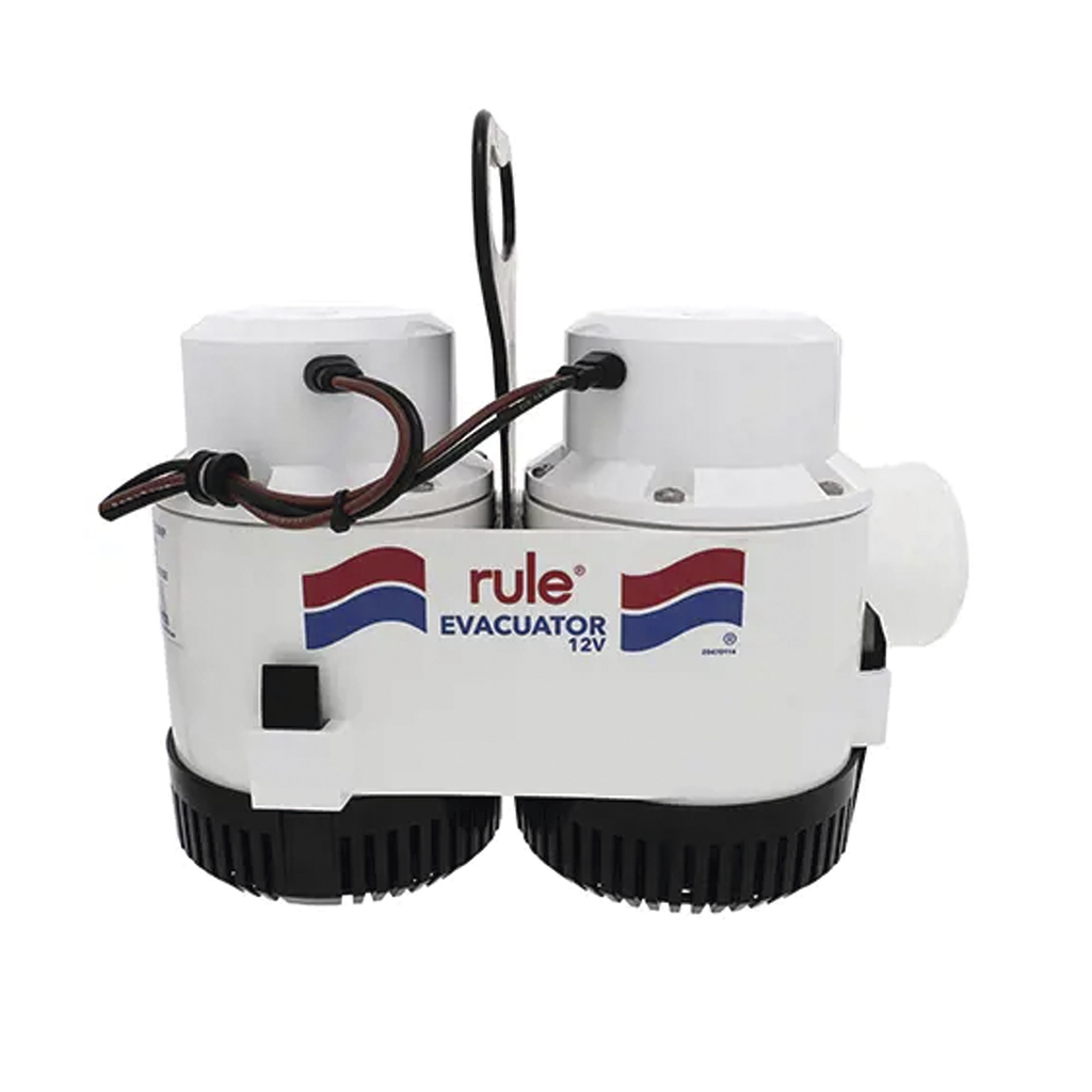Bomba de evacuación con capacidad de desagüe de 7700 galones por hora a 12 Volts de corriente directa.
