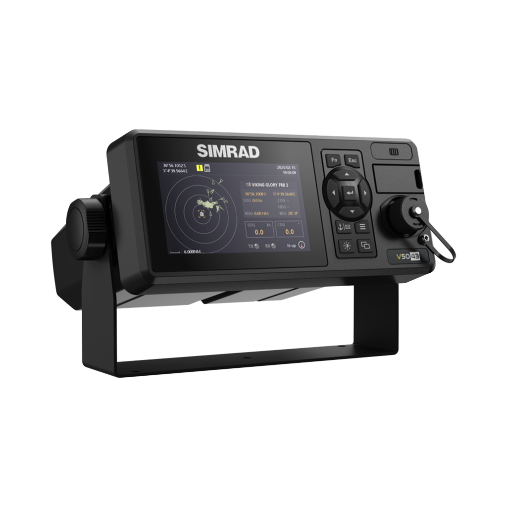 Transpondedor AIS Clase-A Simrad V5043 / Pantalla Integrada 4.3 Pulgadas / GPS Antena / Caja de Conexión / Conector Piloto / Cumplimiento IMO para Embarcaciones SOLAS / Integración con Navegación y Sensores Externos
